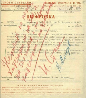 Виза Сталина на шифровке 1937 года из Кирова (адресованной Ежову) с информацией о необходимости &quot;изъятия&quot; свыше 500 человек и с просьбой увеличить &quot;лимиты&quot;