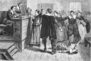 Суд над однією зі звинувачених у відьомстві в містечку Салем поблизу Бостона 1692 року. Гравюра XIX століття

