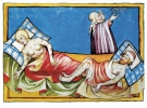 ”Чорна смерть” – швейцарська мініатюра 1411 року. Показані у хворих симптоми недуги більше нагадують віспу, бо при чумі бубони – гнійні ґулі – вискакують тільки в паху й під пахвами