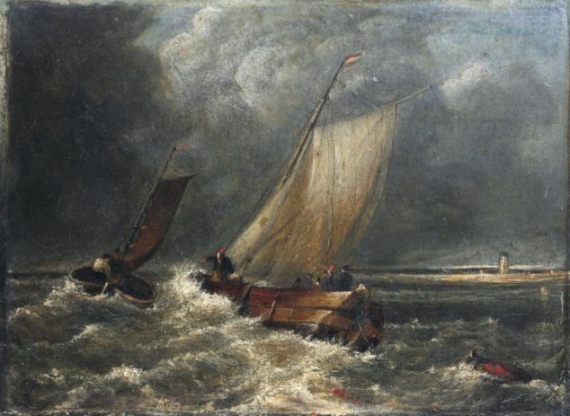 Название полотна - &quot;Рыбацкие лодки в сильный ветер&quot; (Fishing Boats in a Stiff Breeze), его размер - 33 на 25 сантиметров