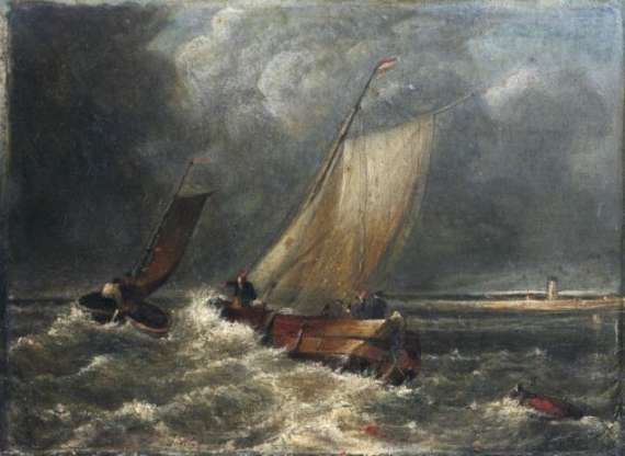 Название полотна - "Рыбацкие лодки в сильный ветер" (Fishing Boats in a Stiff Breeze), его размер - 33 на 25 сантиметров