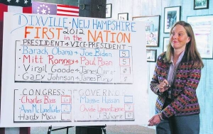 Донна Ервін, секретар виборчої комісії із села Діксвілл-Нотч, штат Нью-Гемпшир, оголошує результати. З 10 жителів половина проголосувала за Барака Обаму, половина — за Мітта Ромні. У Діксвілл-Нотч та сусідньому містечку Хартс-Локейшн протягом 62 років першими у США відкривають виборчі дільниці
