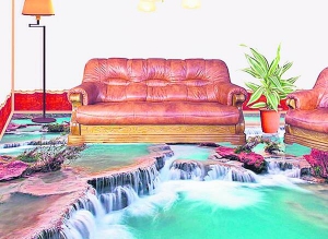 Наливна підлога у житловій кімнаті має вигляд водоспадів. Частіше використовують фото квіткових галявин або візерунки