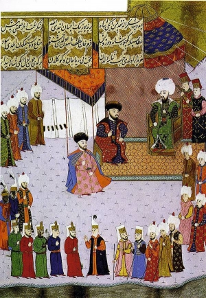 Кримський хан Менглі Ґерай I – батько засновника Бахчисарая – на прийомі в османського султана Баязида II. Турецька мініатюра XVI століття
