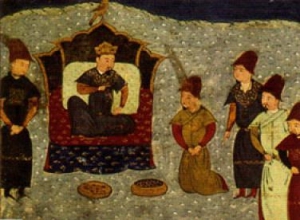 Батий на престолі. Середньовічна мініатюра. Очолював похід на Русь воєначальник Субудай та найстарший з нащадків Чінгізхана, які брали участь у поході, — Бурі. Одним з учасників походу був онук Чінгіз-хана Батий, якого руська літописна традиція зробила провідником кампанії ("приде Батий"). Це зумовлене тим, що в 1238 року чингізіди, які брали участь у поході, були відкликані до Монголії разом зі своїми військами, і завоювання Південної Русі, яке почалося у вересні 1240 року з облоги Києва, велося виключно Батиєм