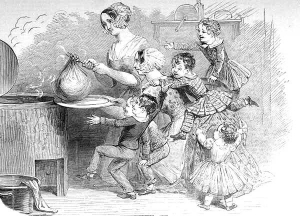 Різдвяний пудинг знімають з пари після шести годин готування, малюнок XIX століття