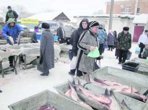 Покупці вибирають рибу в рибному відділі Уманського центрального ринку. Там торгують орендарі ставків