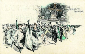 Дівчата танцюють канкан на тлі паризького кабаре ”Мулен Руж”, французька листівка початку XX століття