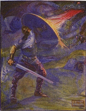 Поєдинок Беовульфа з драконом (ілюстрація до видання 1908 року)