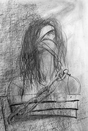 Киянка Сніжана намалювала свій портрет на прохання психолога. Сірий тон малюнка показує, що жінка схильна до депресій, а ланцюги — що її били
