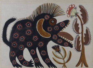 Мария Приймаченко "Черный зверь", 1936. Мария Приймаченко жила на границе Чернобыльской зоны. Пророческий мотив "черного зверя" присутствует в ее картинах с 1936 по 1986 год