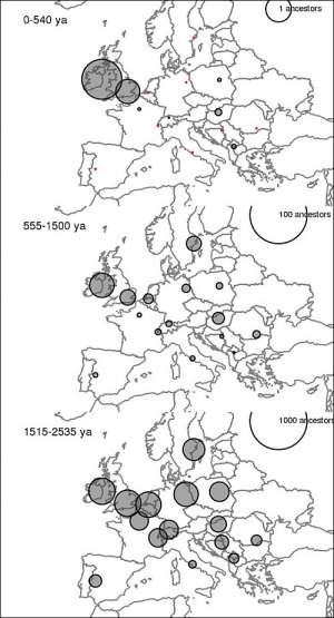 Наш современник из Великобритании имеет общих предков со всеми европейцами. На картах показано место жительства этих самых предков в разные исторические эпохи. (Изображение авторов работы)