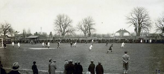 Товариський матч між львівською ”Україною”та ”Поґонею” – чотириразовим чемпіоном Польщі – 23 березня 1930 року. За парканом видно ”зелену трибуну” – дерева, що пообсідали глядачі, які не мали змоги придбати квиток на стадіон