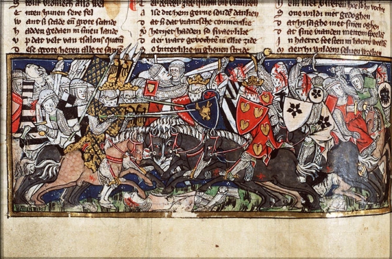 Мініатюра з манускрипту 14 століття із зображенням битви на Каталаунських полях