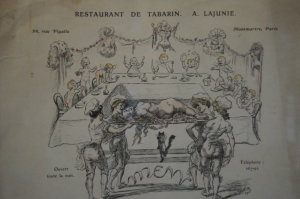Меню паризького ресторану ”Де Табарін”. На ньому четверо голих жінок у ковпаках подають до столу оголену жінку на таці