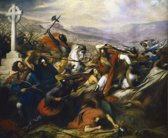 Карл Штейбен Битва при Пуатьє 732 року зображує тріумф Карла Мартелла (на коні) в сутичці з Абдур-Рахманом ібн Абдаллахом (праворуч) у битві при Турі