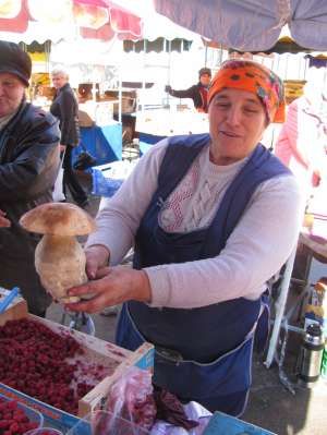 45-річна Ірина Майстренко у середу продає у Черкасах на центральному базарі білого гриба вагою 880 грамів. У вівторок із чоловіком знайшли таких три в урочищі Холодний Яр. Вирішили один гриб продати разом із меншими за розміром по 45 гривень за кілограм