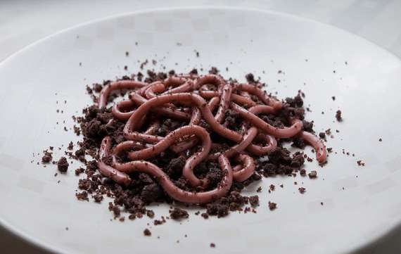 Малиновий мармелад у формі черв'яків з шоколадними крихтами (у вигляді землі).