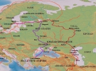 Основные пути торговли викингов в 8-9 веках по Волге красный и синий по Днепру