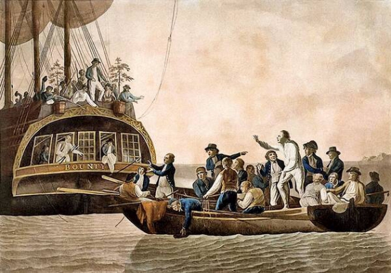 Матроси британського корабля ”Баунті” висаджують на баркас капітана Вільяма Блая у Тихому океані. Цю картину художник Роберт Додд намалював восени 1790-го – через півтора року після заколоту на судні