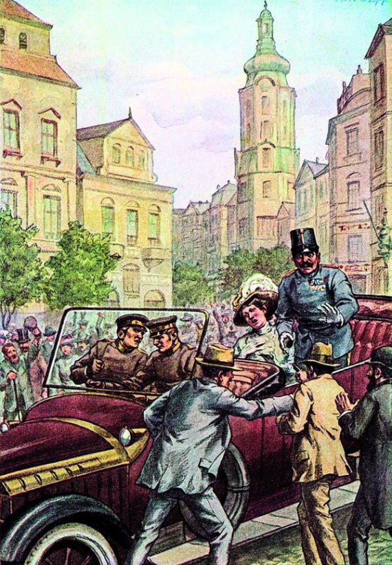 Убивство ерцгерцога Франца Фердинанда та його дружини в Сараєві 28 червня 1914 року, тогочасний малюнок. У тодішній пресі з’явилося багато зображень замаху. Вони відрізнялися багатьма деталями. На одних убивця стояв праворуч авто, на інших – ліворуч. На деяких малюнках не було натовпу довкола кортежу, часом забували зображувати генерала Потіорека, який стояв на підніжці авто і закривав собою ерцгерцога