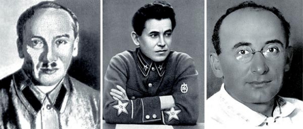 Слева направа:  Г.Г. Ягода (1891—1938) возглавлял НКВД в 1934—1936 годах, Н.И. Ежов (1895—1940) возглавлял НКВД в 1936—1938 годах, Л.П. Берия (1899—1953) возглавлял НКВД в 1938—1945 годах