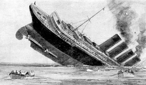 Пасажирський лайнер ”Лузітанія” йде на дно після того, як його атакував німецький підводний човен 7 травня 1915 року. Тогочасний малюнок