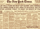 Первая полоса "Нью-Йорк Таймс" 28 августа 1939: "Гитлер заявляет Парижу, что ему нужен коридор в Гданьск. По мнению Берлина, двери для мирного решения остаются открытыми"