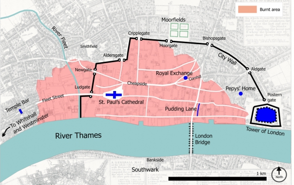 Центральний Лондон в 1666 році, область розповсюдження пожежі виділена рожевим