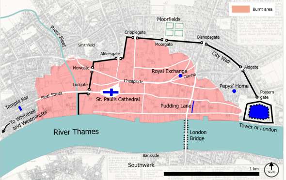 Центральный Лондон в 1666 году, область распространения пожара выделена розовым