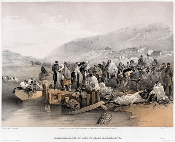 Цветная гравюра с изображением посадки больных в порту Балаклавы во время Крымской войны