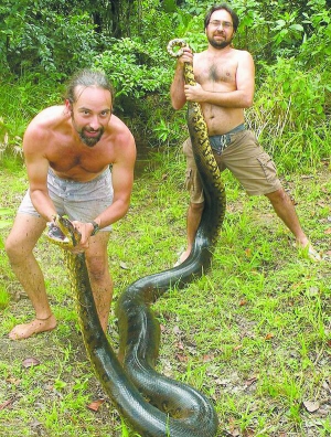 Себастьян Басколес тримає голову анаконди. Його друг, власник собаки, котрого проковтнула змія, тримає хвіст. Так не дають анаконді скрутитися і напасти на когось із них