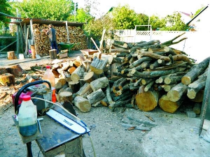 64-річний Віктор Цуркановський із села Сосонка Вінницького району складає дрова під навіс. Із сином порубали їх за три дні. Купив на зиму дві машини дров, заплатив чотири тисячі гривень