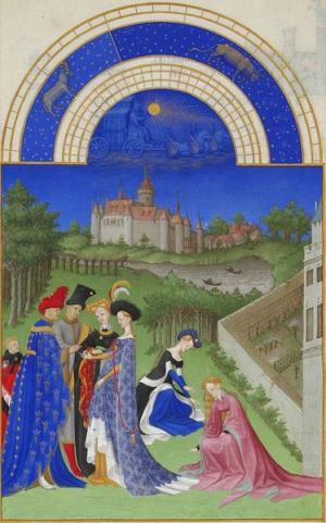 Молодая пара обменивается кольцами. Средневековый календарь. 1400 г.