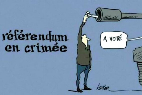 Шарж із підписом ”Кримський референдум” вийшов у березневому номері тижневика Charlie Hebdo торік. Зображує вибір кримчан під дулами танка. Автори видання неодноразово малювали карикатури на Володимира Путіна