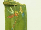 Святого Юрія Змієборця зобразили на пошкодженій кришці від ящика. Дошку залишили у первинному вигляді, з іржавими цвяхами