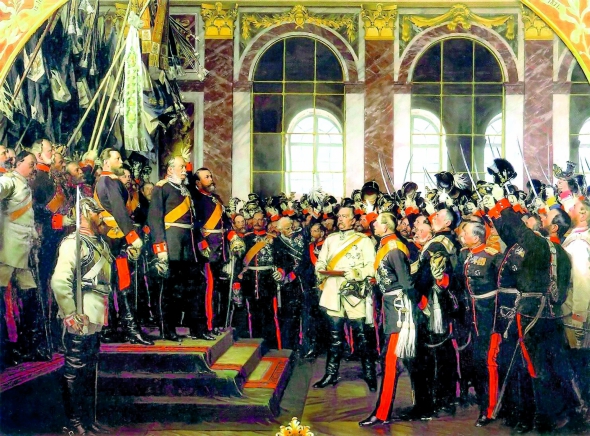 Проголошення короля Пруссії Вільгельма І німецьким імператором у Версальському палаці біля Парижа 18 січня 1871 року. Отто фон Бісмарк – у центрі, в білому костюмі