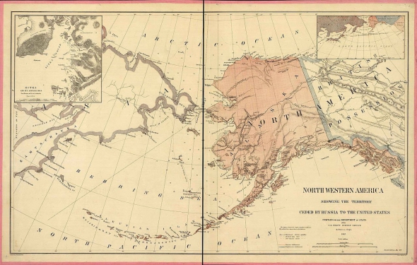 Карта Северо-Восточной Америки 1867 с обозначением территорий, переданных Российской Империей Северо-Американским Соединенным Штатам