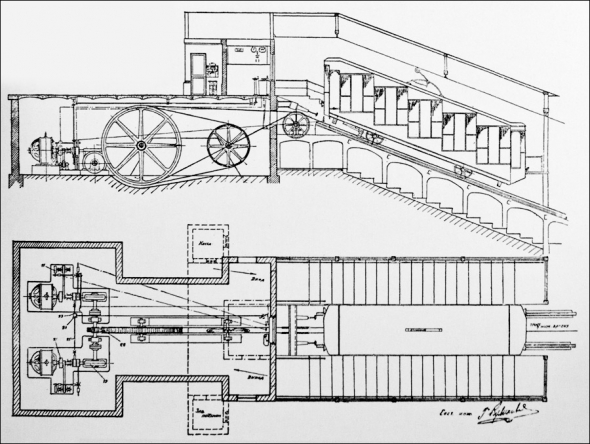 Тут ви бачите поперечний розріз і план верхньої станції з машинним відділенням (креслення виконане інженером Г. Куликовим в 1932 р.).