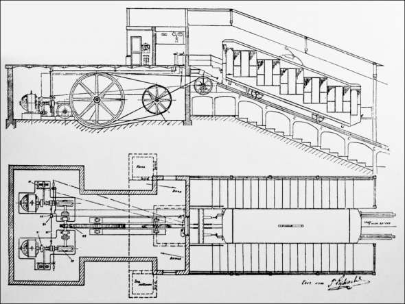 Здесь вы видите поперечный разрез и план верхней станции с машинным отделением (чертеж выполнен инженером Г. Куликовым в 1932 г.). 