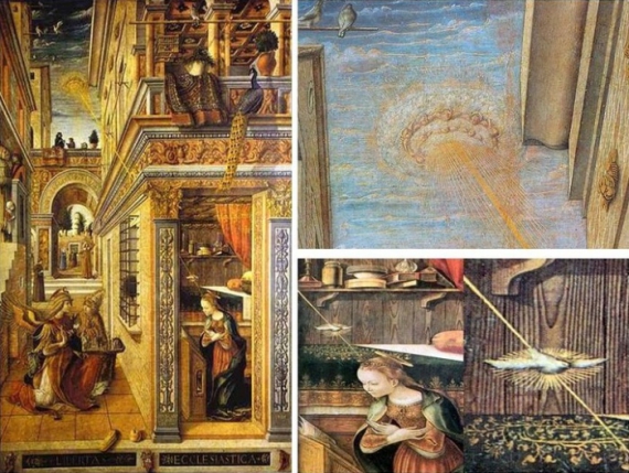 Луч света. Картина Карло Кривелли (1430-1495) под названием "Благовещение со святым Эмидием" была написана в 1486 году. Сейчас она находится в Национальной галерее в Лондоне. Над улицей на этом полотне изображен дискообразный объект, из которого идет сияющий луч света вниз на голову Марии. 