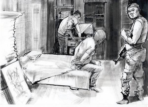 Ілюстрація до книжки художника Сергія Захарова про його полон у ДНР. Зобразив обшук у своєму домі. Один із бойовиків розглядає картини на стінах. ”Це ти малював?” — питає