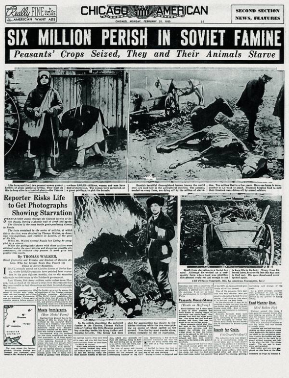 ”Шість мільйонів загиблих від радянського голоду” – заголовок на передовиці Chikago American від 25 лютого 1935 року. Згодом з’ясується, що опубліковані фото – фальшиві, а автор статті ніколи не був в Україні