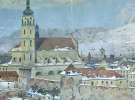Фрагмент панорами Львова-ліворуч-костел єзуїтів, праворуч-костел Святого Духа зі шпиталем.