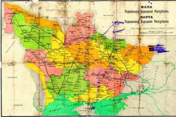 Мапа Української Народної Республіки на кінець 1917 року. Галичина, Буковина та Закарпаття тоді входили до складу Австро-Угорщини