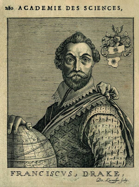 Френсіс Дрейк (1540–1596), прижиттєвий портрет. Невдовзі після смерті в німецькому місті Оффенбурґ йому відкрили пам’ятник. У руці пірат тримає квітку картоплі. На постаменті написано: ”Серу Френсісу Дрейку, який поширив картоплю в Європі. Мільйони хліборобів світу благословляють його безсмертну пам’ять. Це допомога біднякам, дорогоцінний дар Божий, який полегшує гірку нужду”