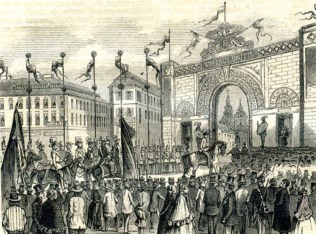 Трімфальна арка на площі Міцкевича під час візиту Франца Йосифа в 1851 році. Рис. 1850-х рр.