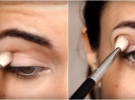 Бежевими тінями виділіть складку на верхній повіці. Растушуйте під кутом вгору у напрямку до кінчика брови.