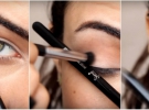 Трюк, який допоможе візуально підняти повіки: приставте олівець до ока, як показано на фото. Тінями шоколадного кольору виділіть куточок ока.