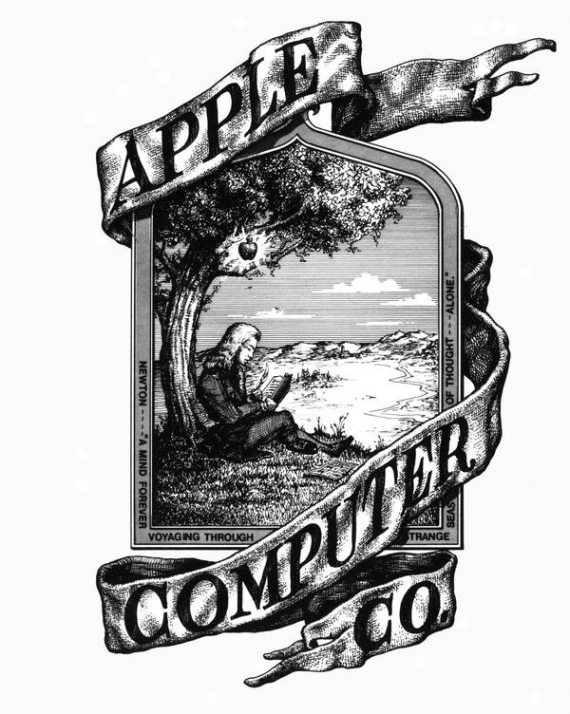 Перший логотип компанії ”Еппл”, 1976 рік. Його розробив Роберт Вейн. Зображений Ісаак Ньютон, на якого ось-ось впаде яблуко. Через рік дизайнер Роб Янофф намалював нове лого — надкушене яблуко кольорів веселки. Це символізувало кольорові дисплеї, випуск яких налагодила компанія. 1998-го лого змінили на однотонне